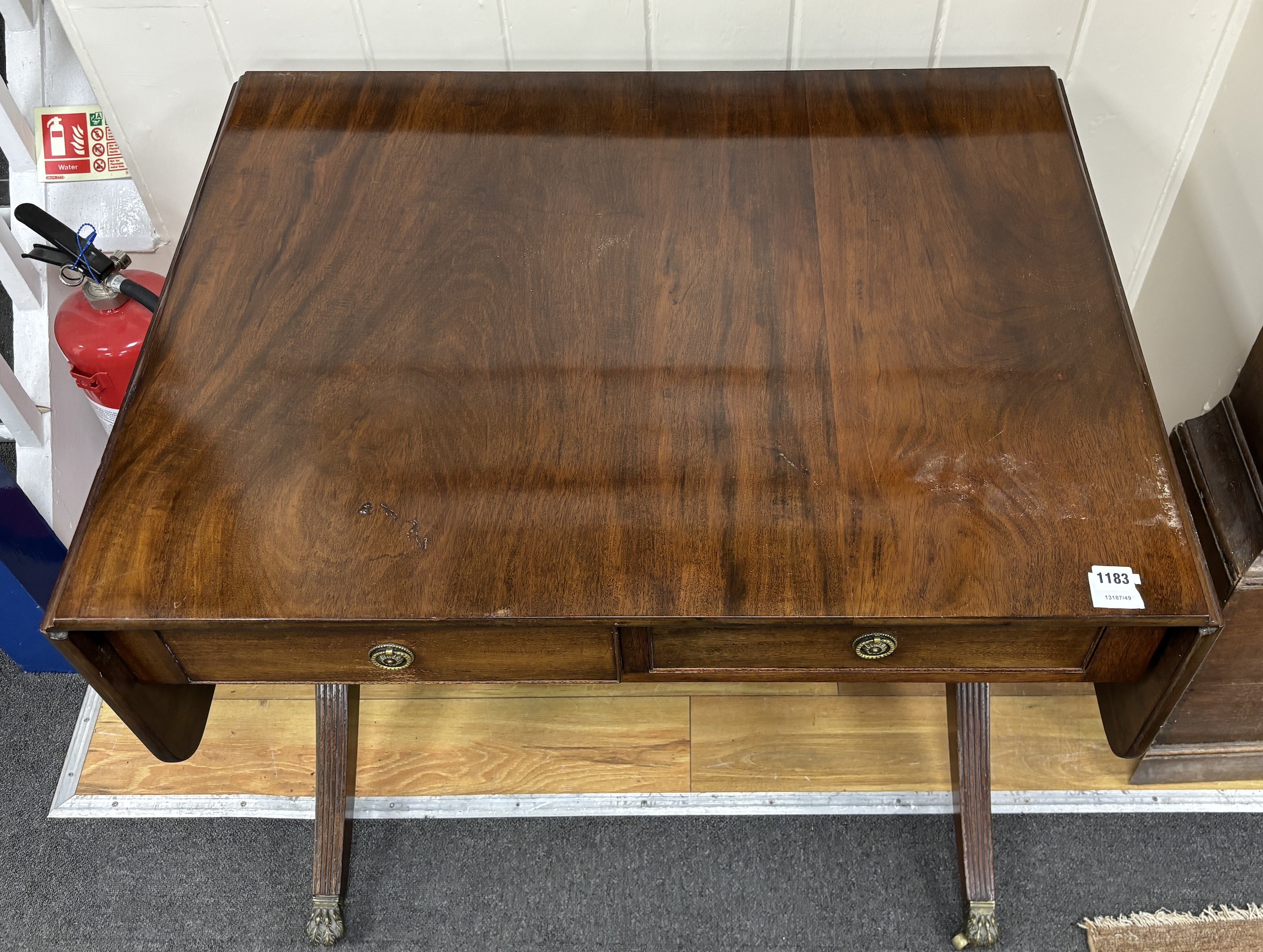 A Georgian style mahogany sofa table, width 71cm, depth 74cm, height 74cm